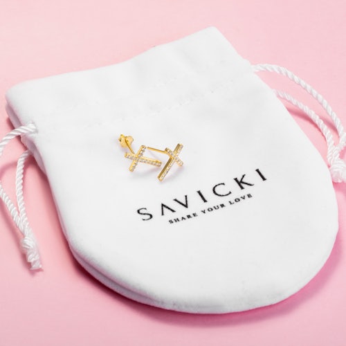 Kolczyki krzyżyk Savicki: srebrne pozłacane, cyrkonie